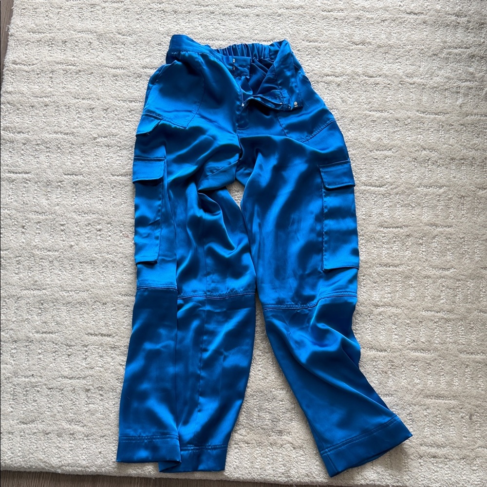 Vibrant Blue Satin Cargo Pants